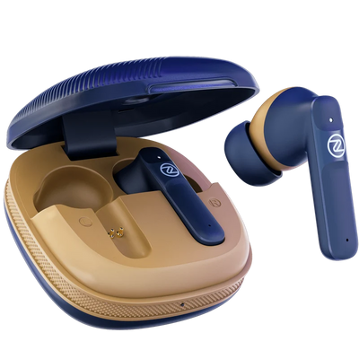 Zero Pulse earbuds and open charging case in Blue Coffee
