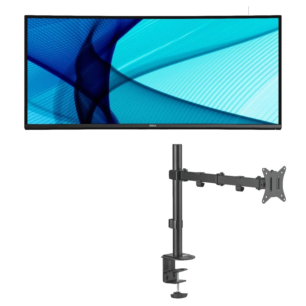 Dell U3417W 34″ 3440×1440 2K Resolution 60Hz 5ms Curved Monitor (Used ) With MXG BMA-12P Single Monitor Steel Articulating Monitor Mount Matte Black