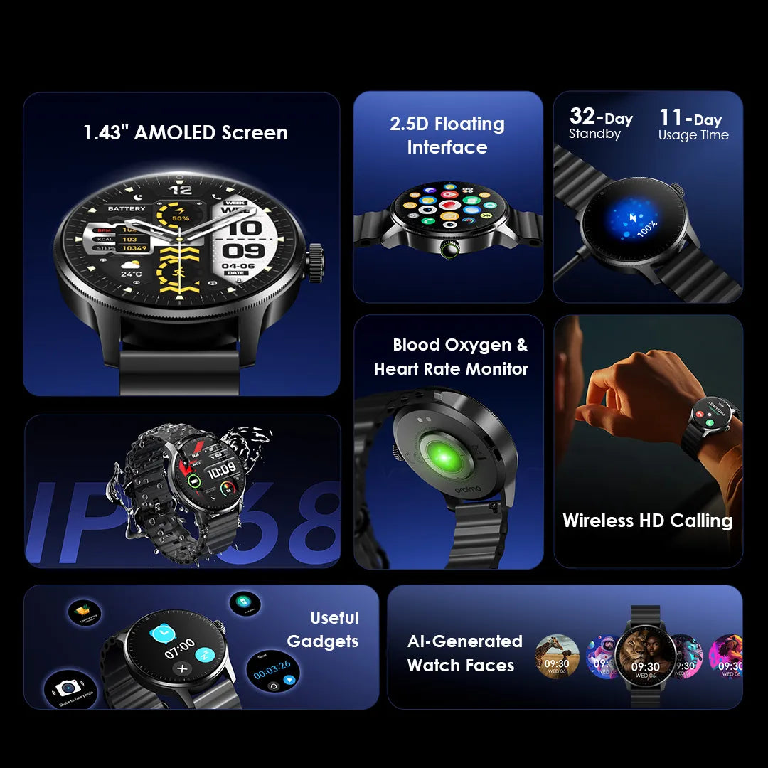 Oraimo Watch 5R Pro 1.43″ AMOLED 2.5D Smart Watch – OSW-830