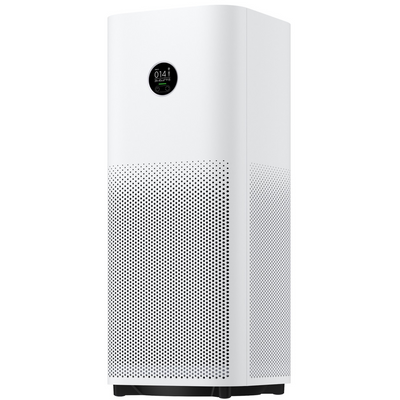 White Xiaomi Smart Air Purifier 4 Pro with circular air-quality display and perforated lower intake