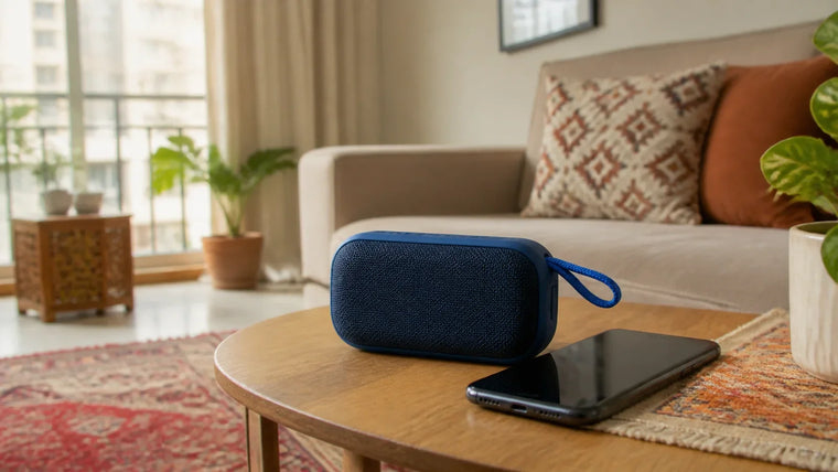 Portable Bluetooth speaker in a bright living room