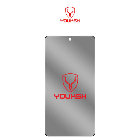Privacy tempered-glass protector aligned over a smartphone display