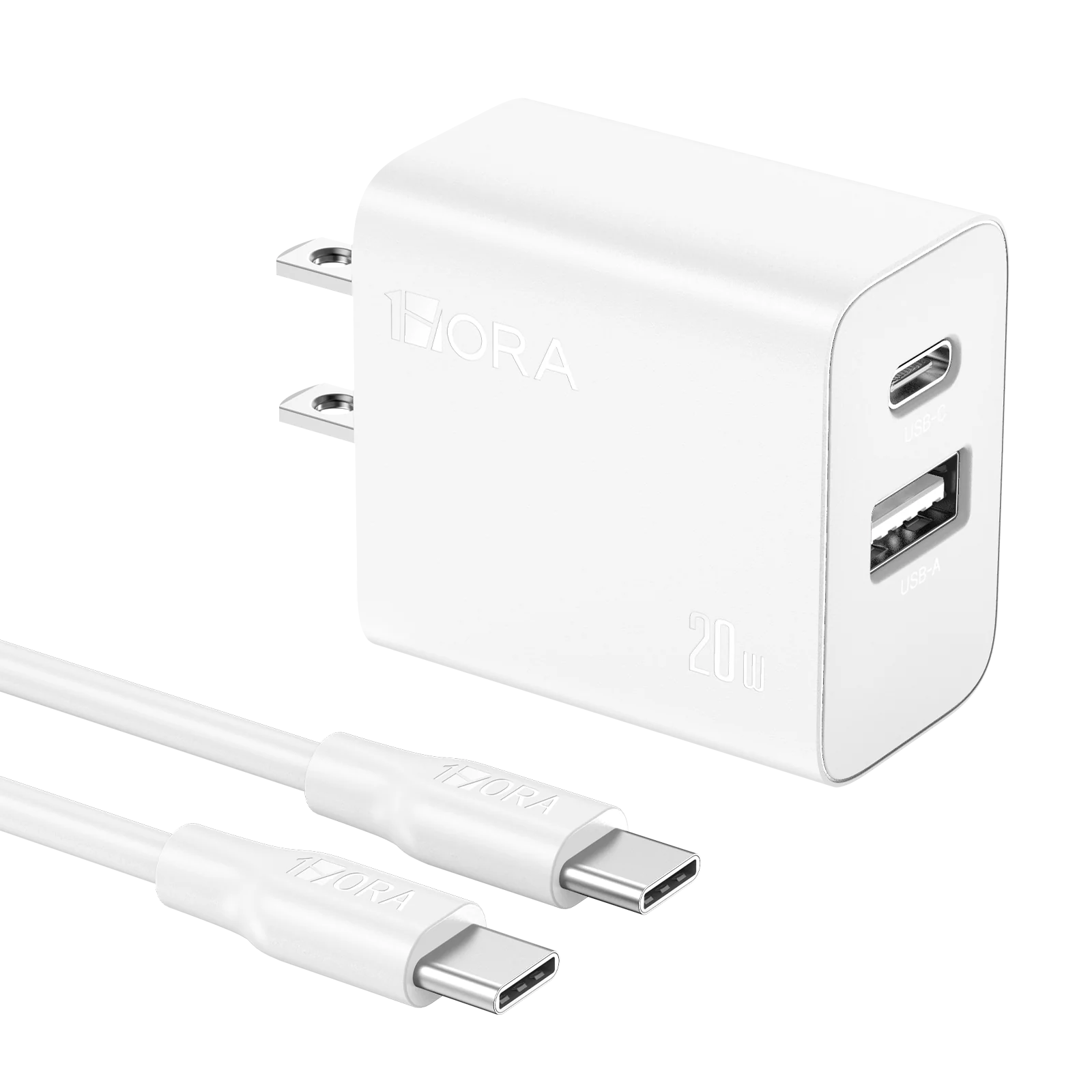 1Hora Fast Charger Type-C & USB-A Ports 20W with 1m Type-C to Type-C Gar 162