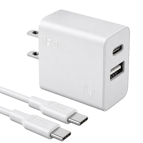 1Hora Fast Charger Type-C & USB-A Ports 20W with 1m Type-C to Type-C Gar 162
