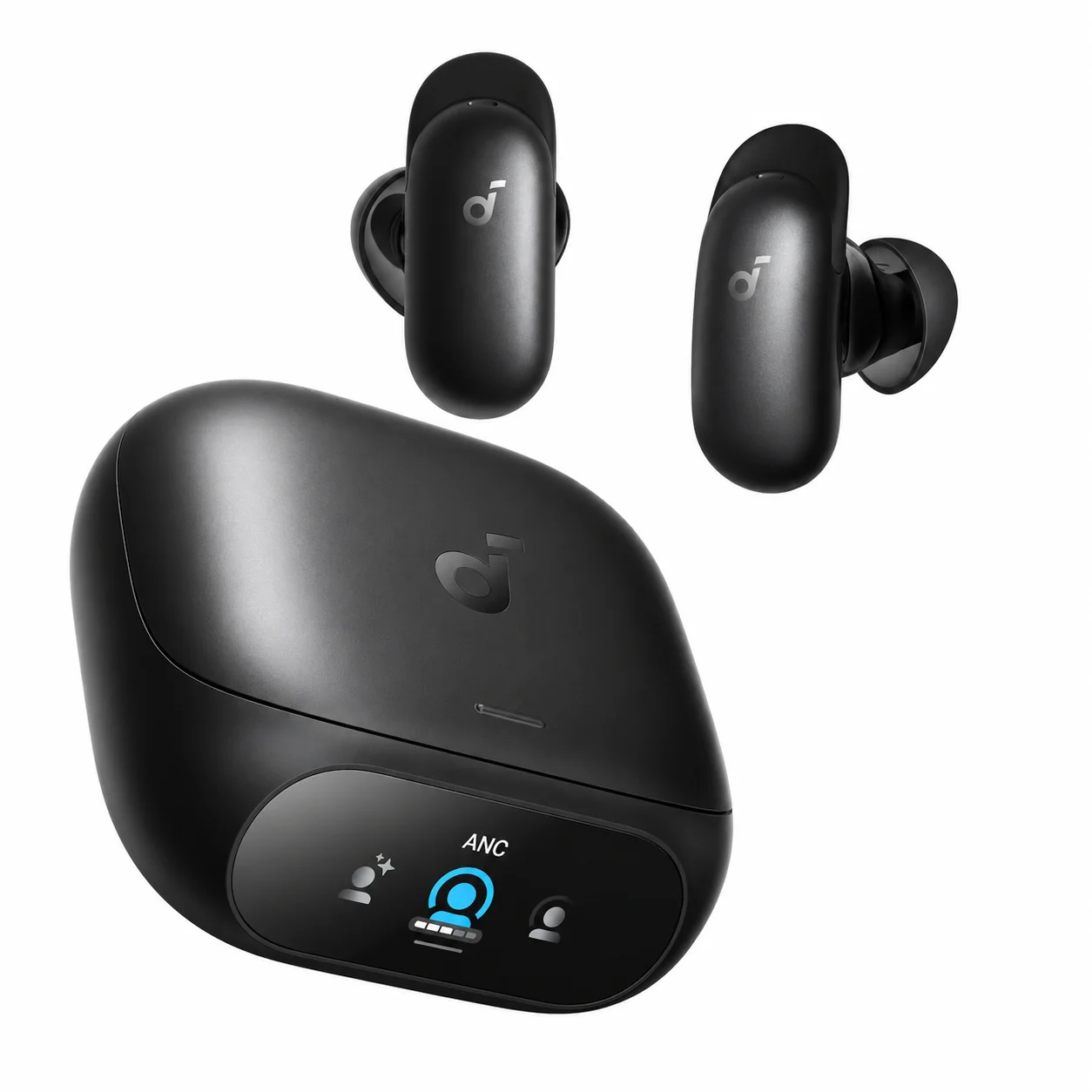 Anker Soundcore Liberty 5 Pro earbuds in Midnight Black with smart-screen charging case