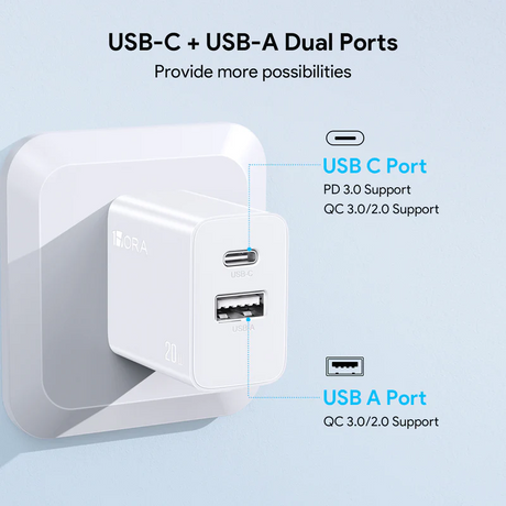 1Hora Fast Charger Type-C & USB-A Ports 20W with 1m Type-C to Type-C Gar 162