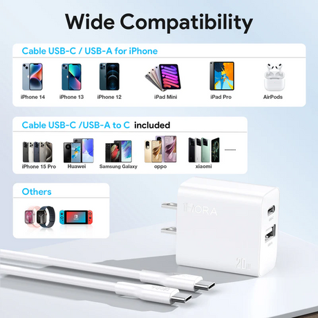 1Hora Fast Charger Type-C & USB-A Ports 20W with 1m Type-C to Type-C Gar 162
