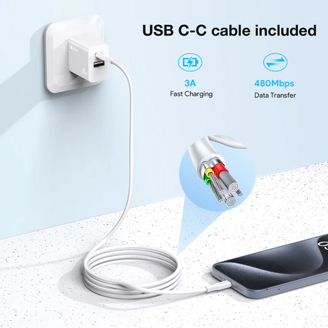 1Hora Fast Charger Type-C & USB-A Ports 20W with 1m Type-C to Type-C Gar 162