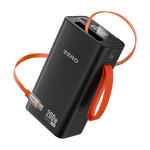 Angled view of Zero Lumin L-300 black 200 W power bank with orange strap and built-in USB-C cable