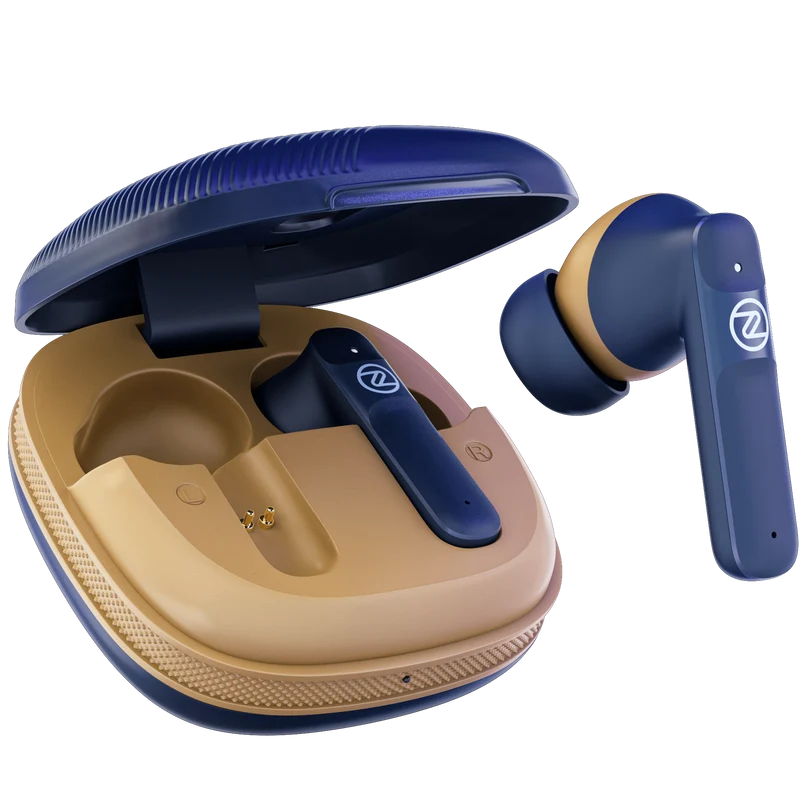 Zero Pulse earbuds and open charging case in Blue Coffee