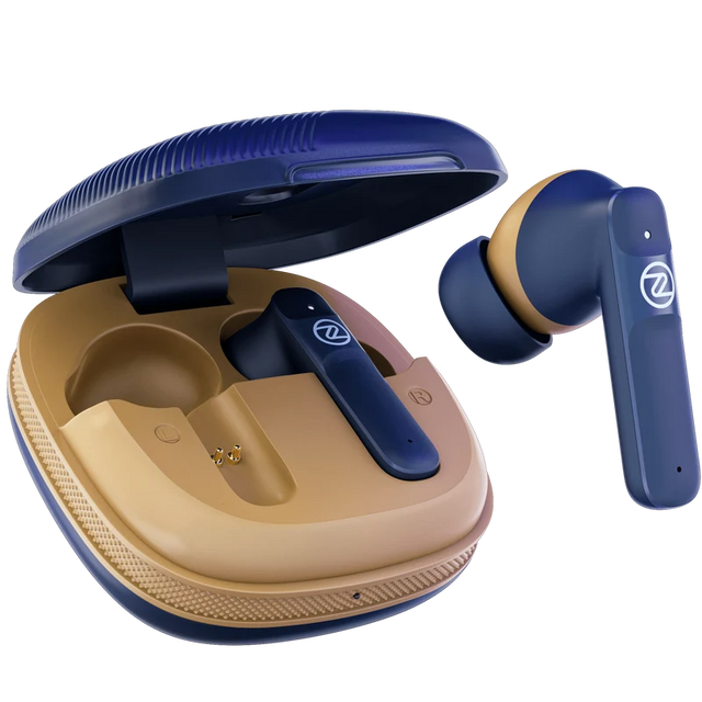 Zero Pulse earbuds and open charging case in Blue Coffee