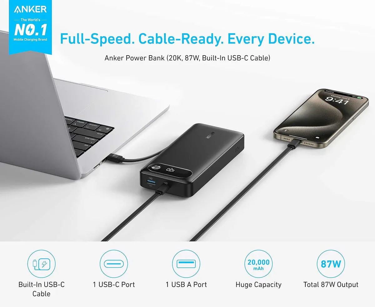Anker Power Bank (20K, 87W, Built-In USB-C Cable) – A1383