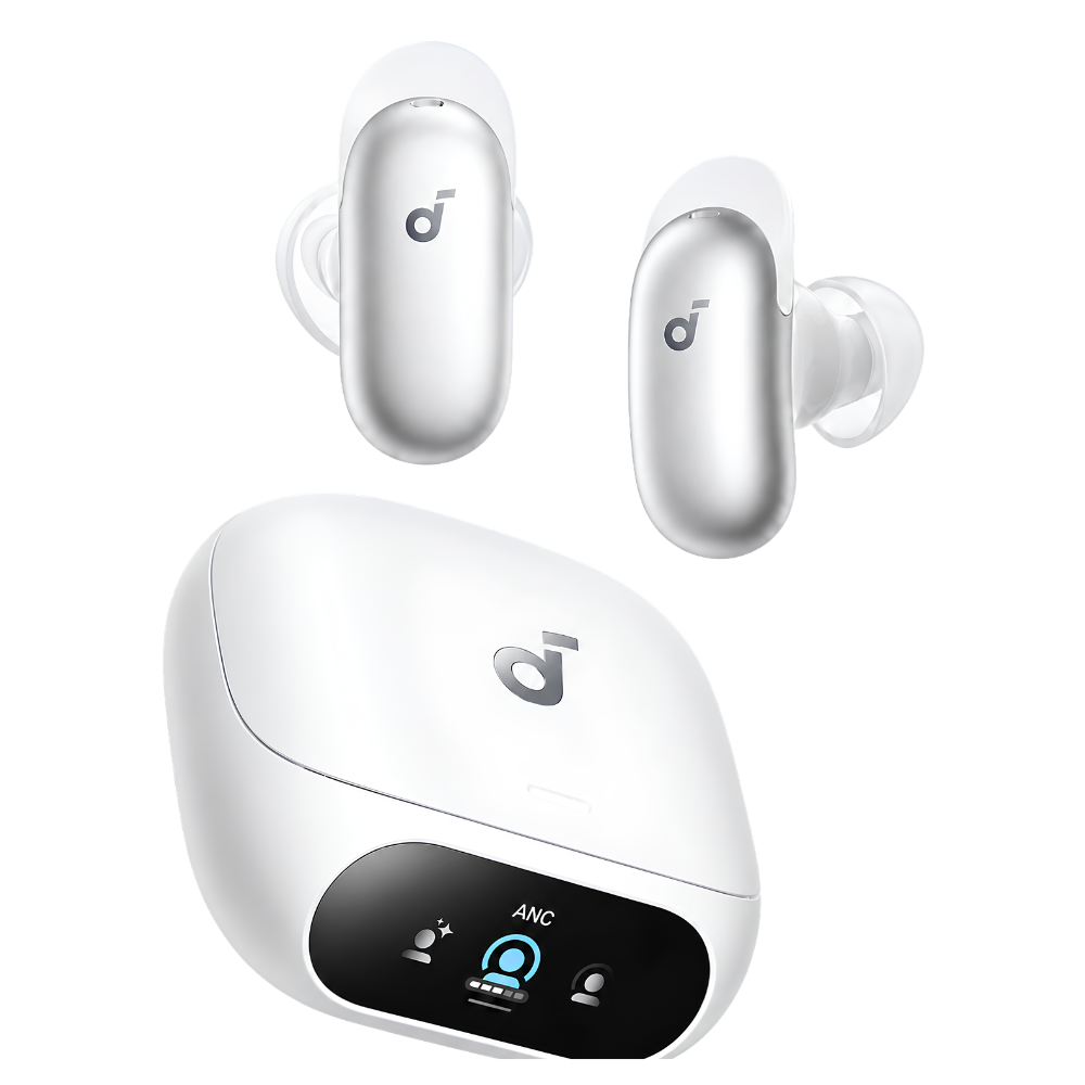 Anker Soundcore Liberty 5 Pro earbuds in White with smart-screen charging case