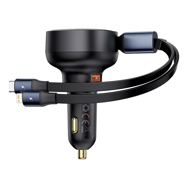 Baseus Enjoyment Pro 60W Car Charger with Retractable USB-C & Lightning Cables