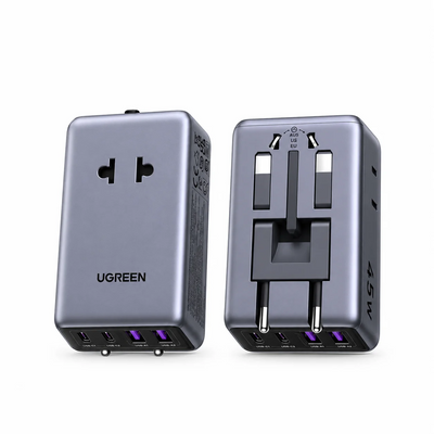 UGREEN 45W universal travel adapter with 2 USB-C, 2 USB-A and 2 AC outlets
